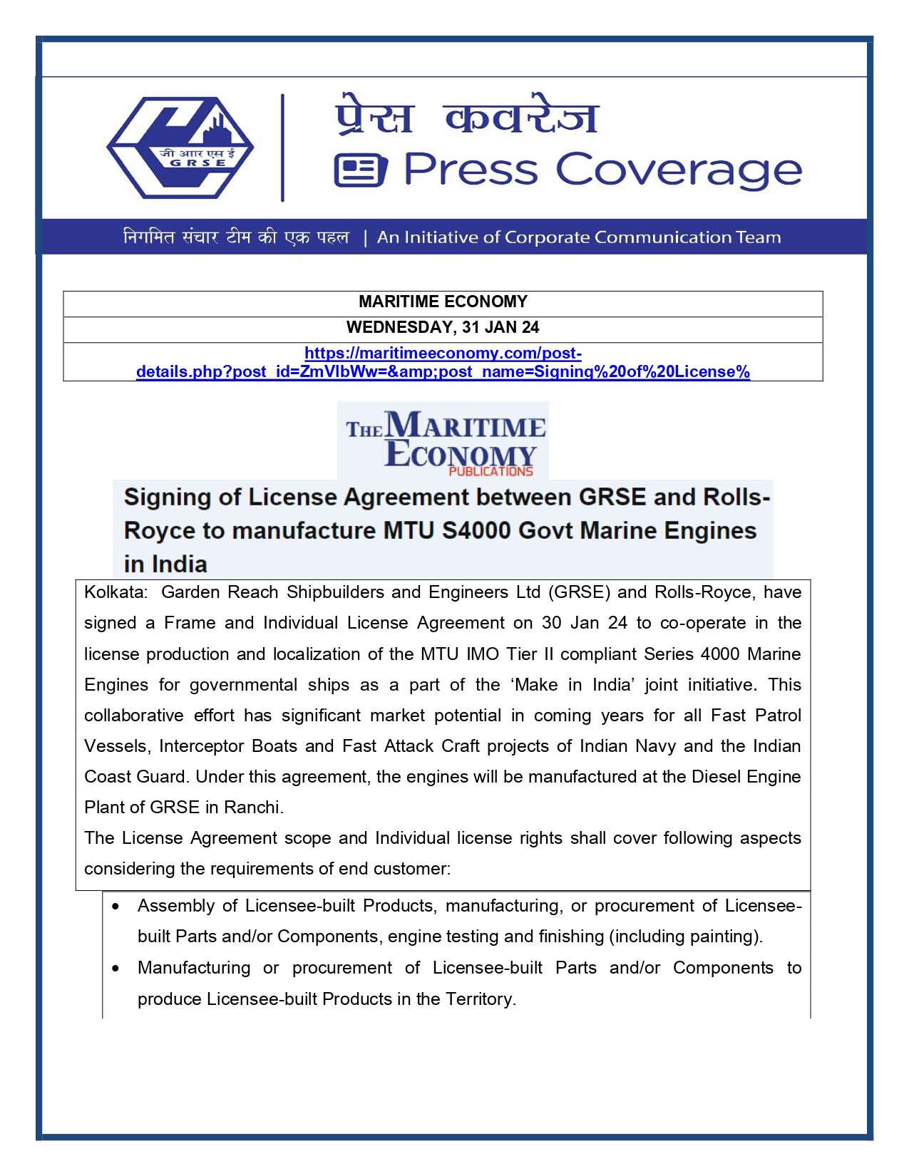 Press Coverage : Maritime Economy, 31 Jan 24 : Signing of License Agreement between GRSE and Rolls-Royce to manufacture MTU S4000 Govt Marine Engines in India